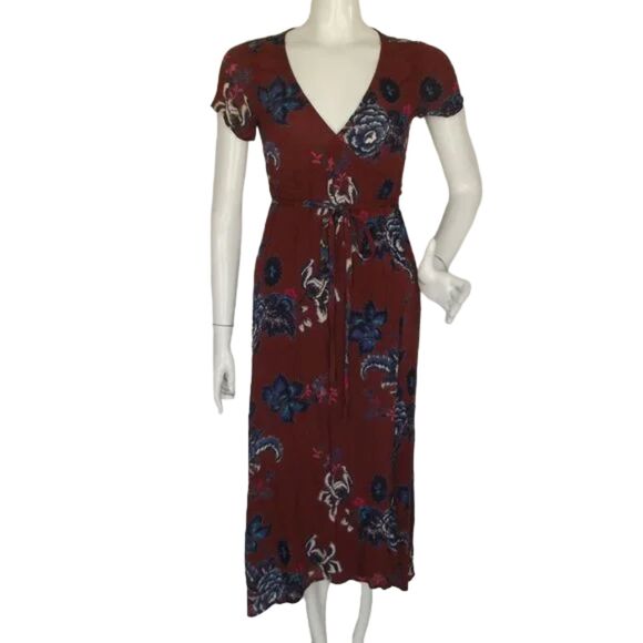 BILLABONG Wrap Dress, S, Rust/Multicolor Floral, Short sleeve, Rayon - Picture 10 of 15